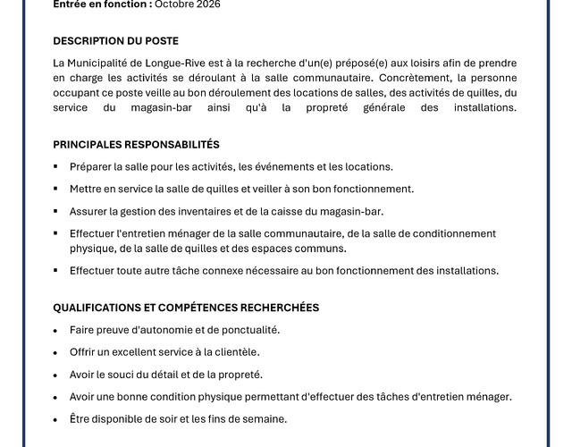 OFFRES D'EMPLOI - Préposé(e) aux loisirs