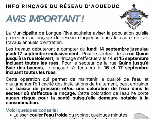 Rinçage du réseau d'aqueduc 2026